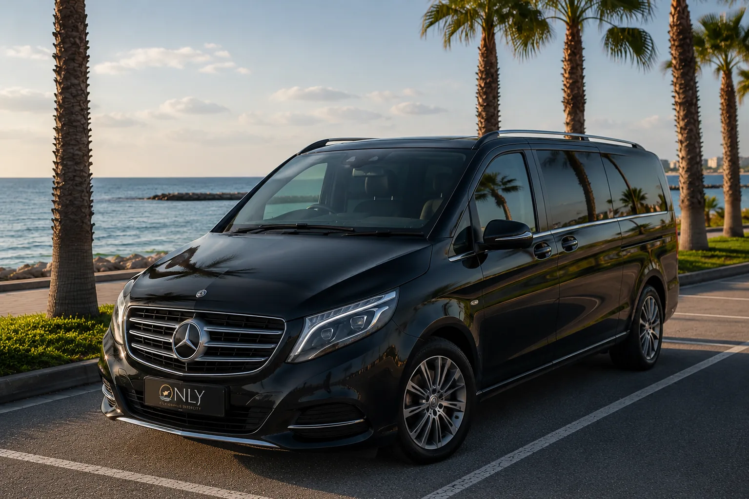 Mercedes V-Class at the gate of a private villa in Cyprus for a villa transfer