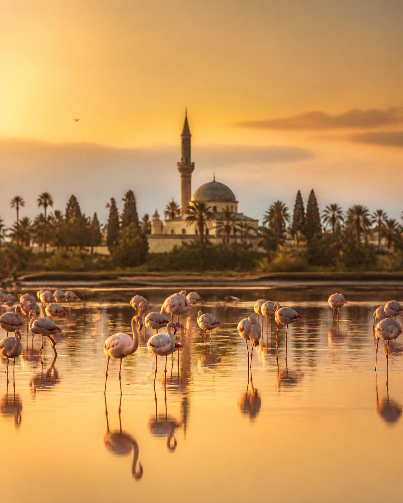 Pink flamingos at Larnaca Salt Lake at sunset with Hala Sultan Tekke mosque on the horizon
